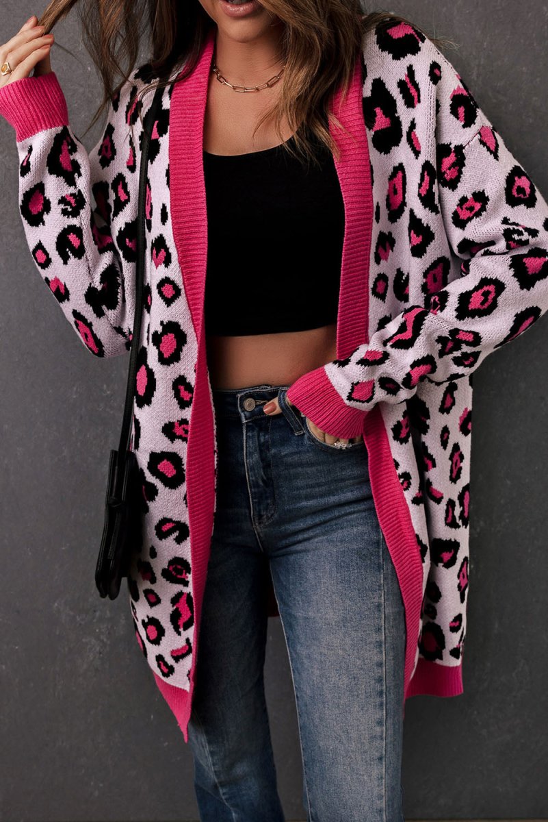 Leopard Contrast Trim Open Front Longline Cardigan - TapLike