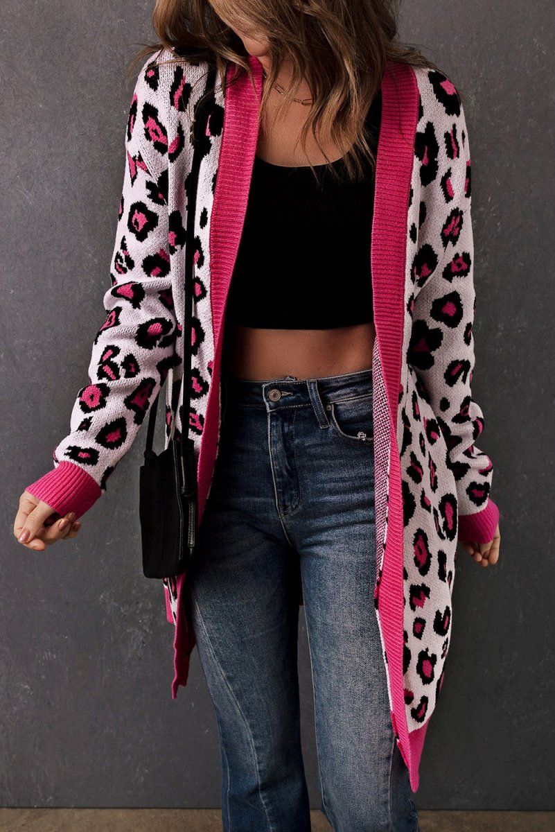 Leopard Contrast Trim Open Front Longline Cardigan - TapLike
