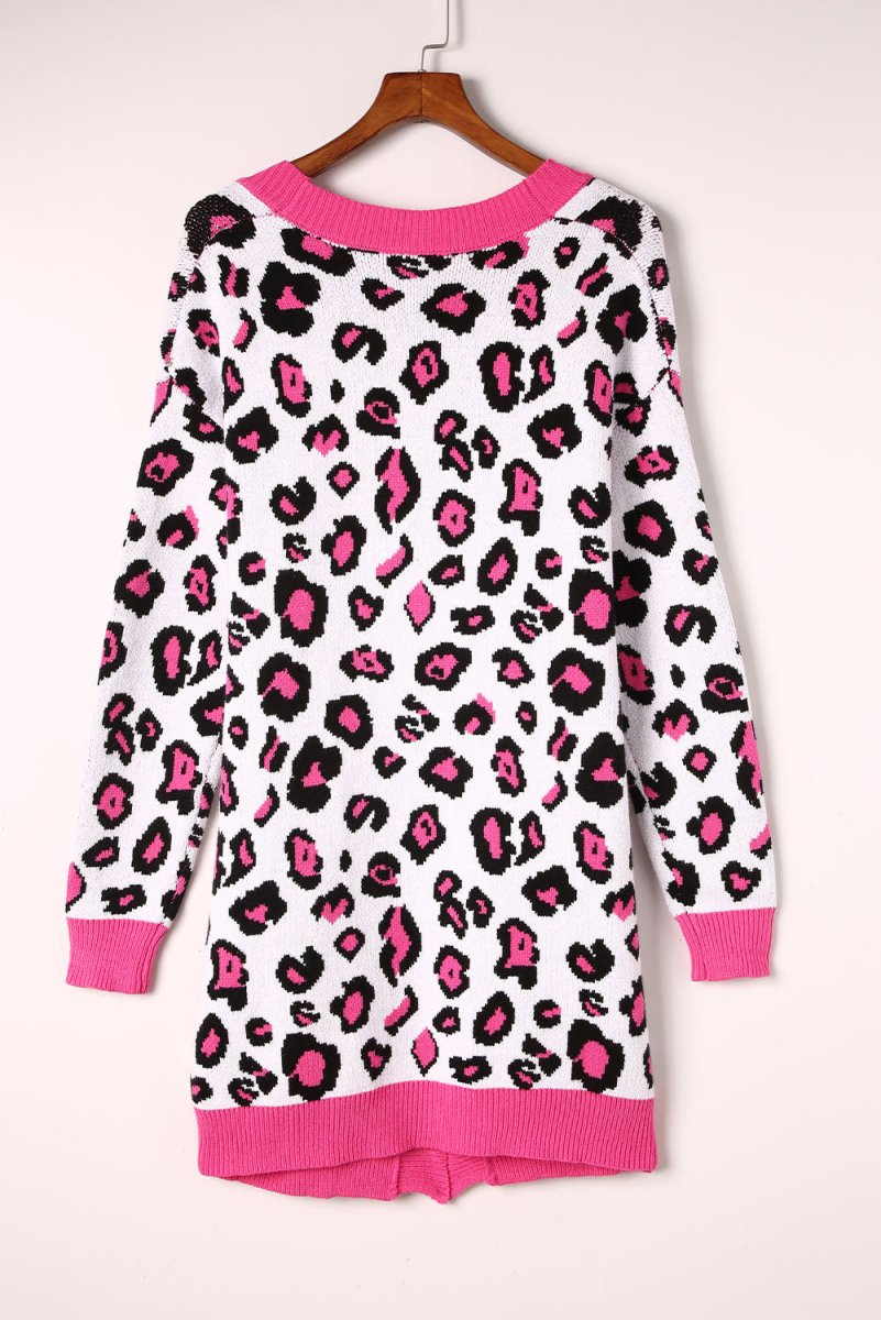 Leopard Contrast Trim Open Front Longline Cardigan - TapLike