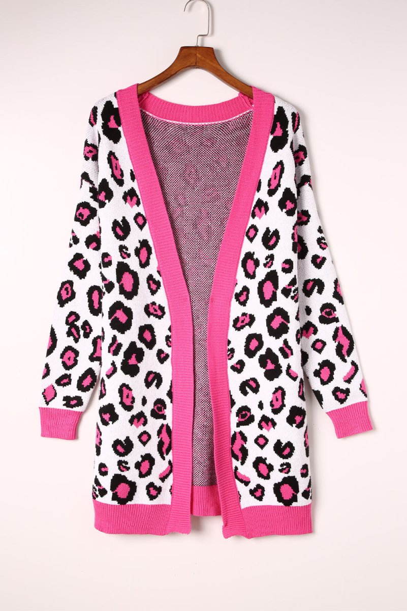 Leopard Contrast Trim Open Front Longline Cardigan - TapLike