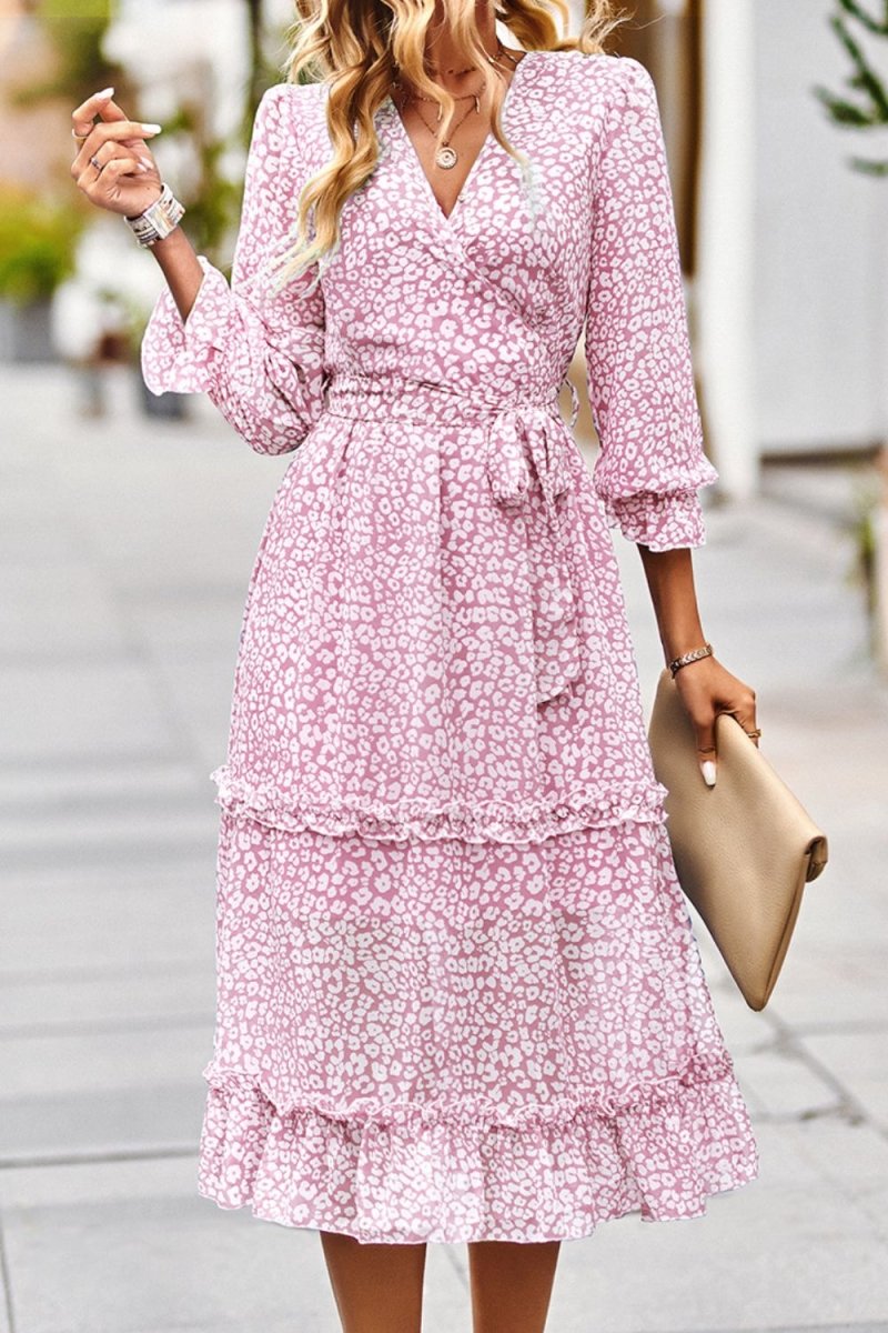 Leopard Surplice Tie Belt Slit Dress - TapLike