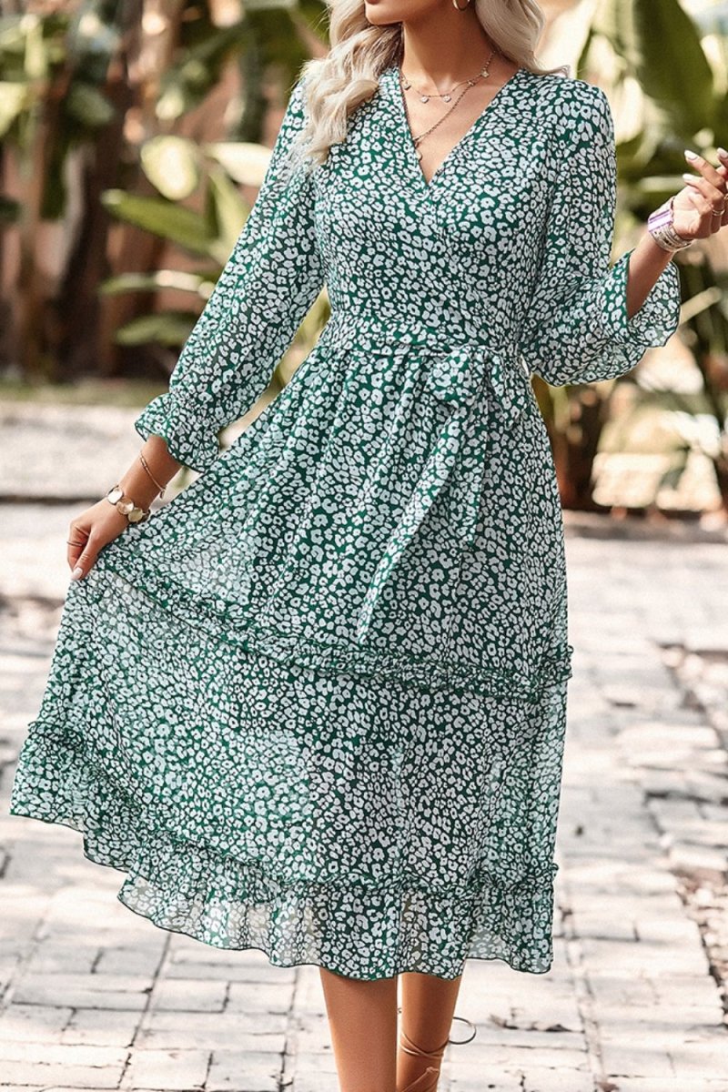 Leopard Surplice Tie Belt Slit Dress - TapLike