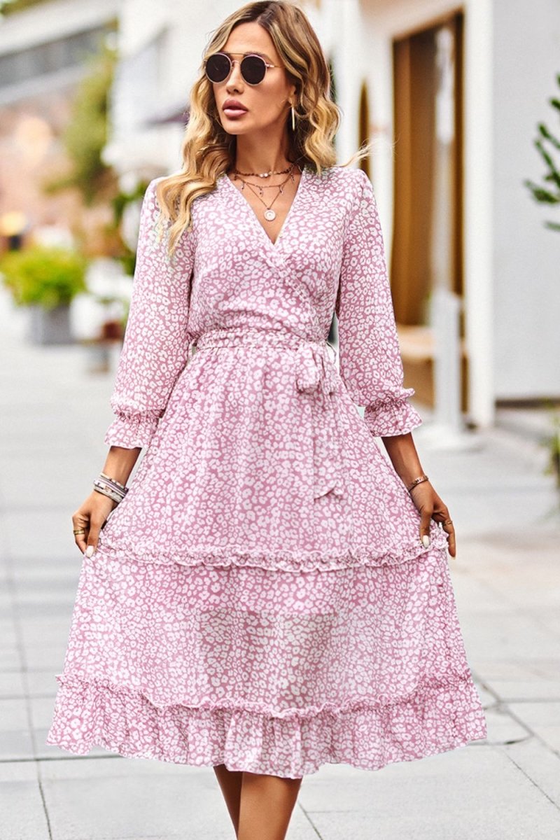 Leopard Surplice Tie Belt Slit Dress - TapLike