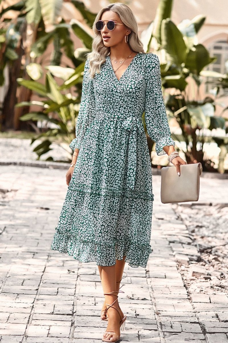 Leopard Surplice Tie Belt Slit Dress - TapLike