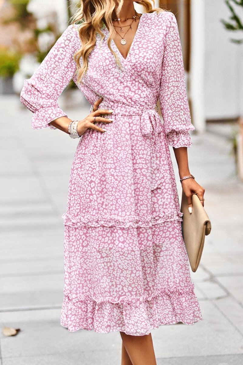 Leopard Surplice Tie Belt Slit Dress - TapLike