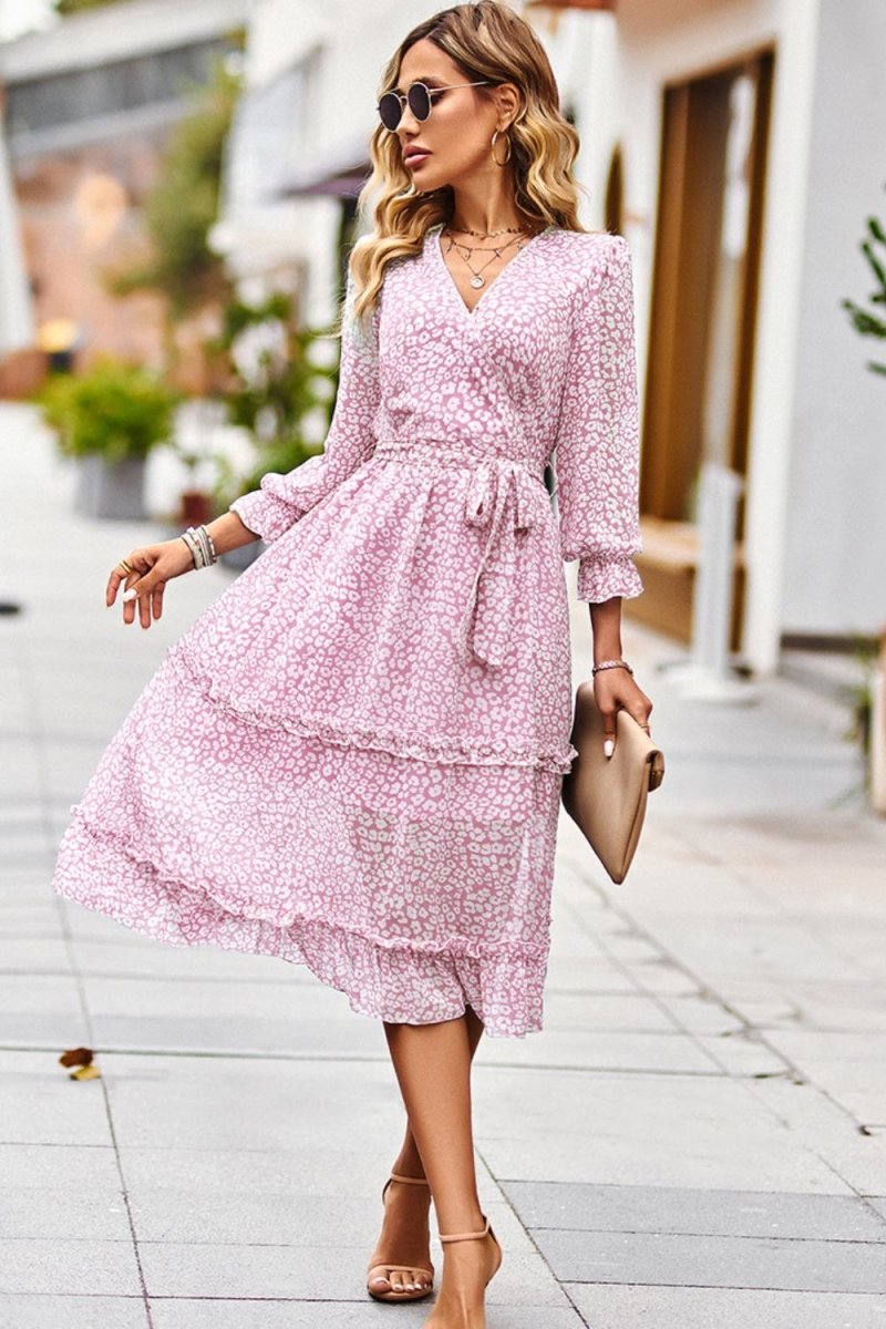 Leopard Surplice Tie Belt Slit Dress - TapLike