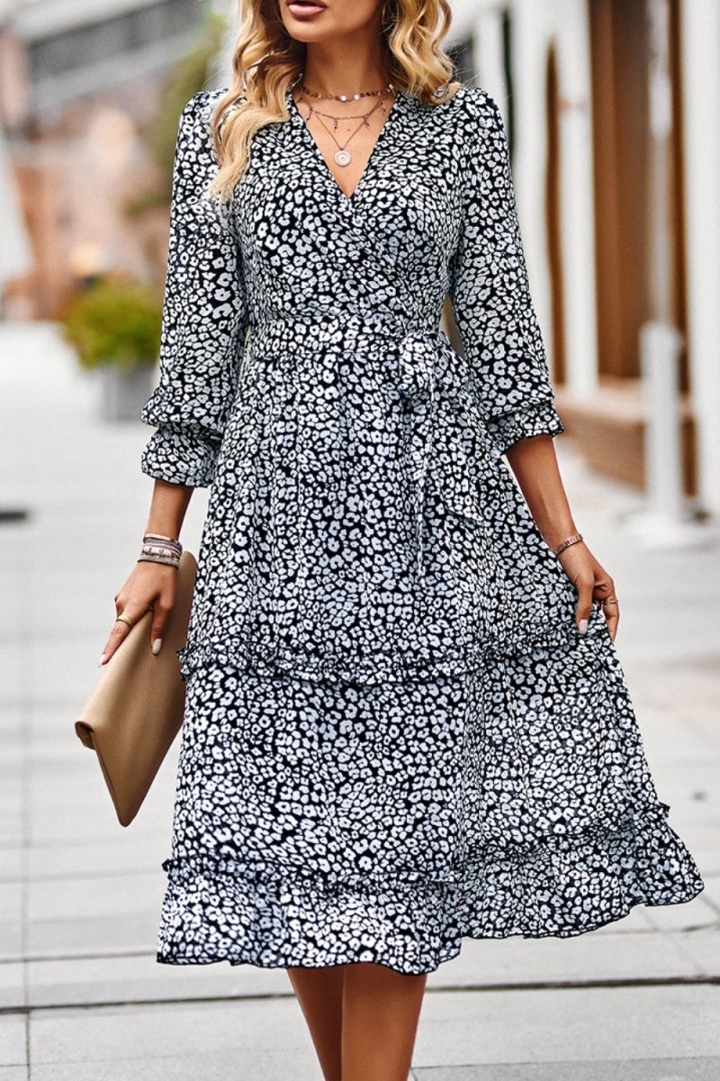 Leopard Surplice Tie Belt Slit Dress - TapLike