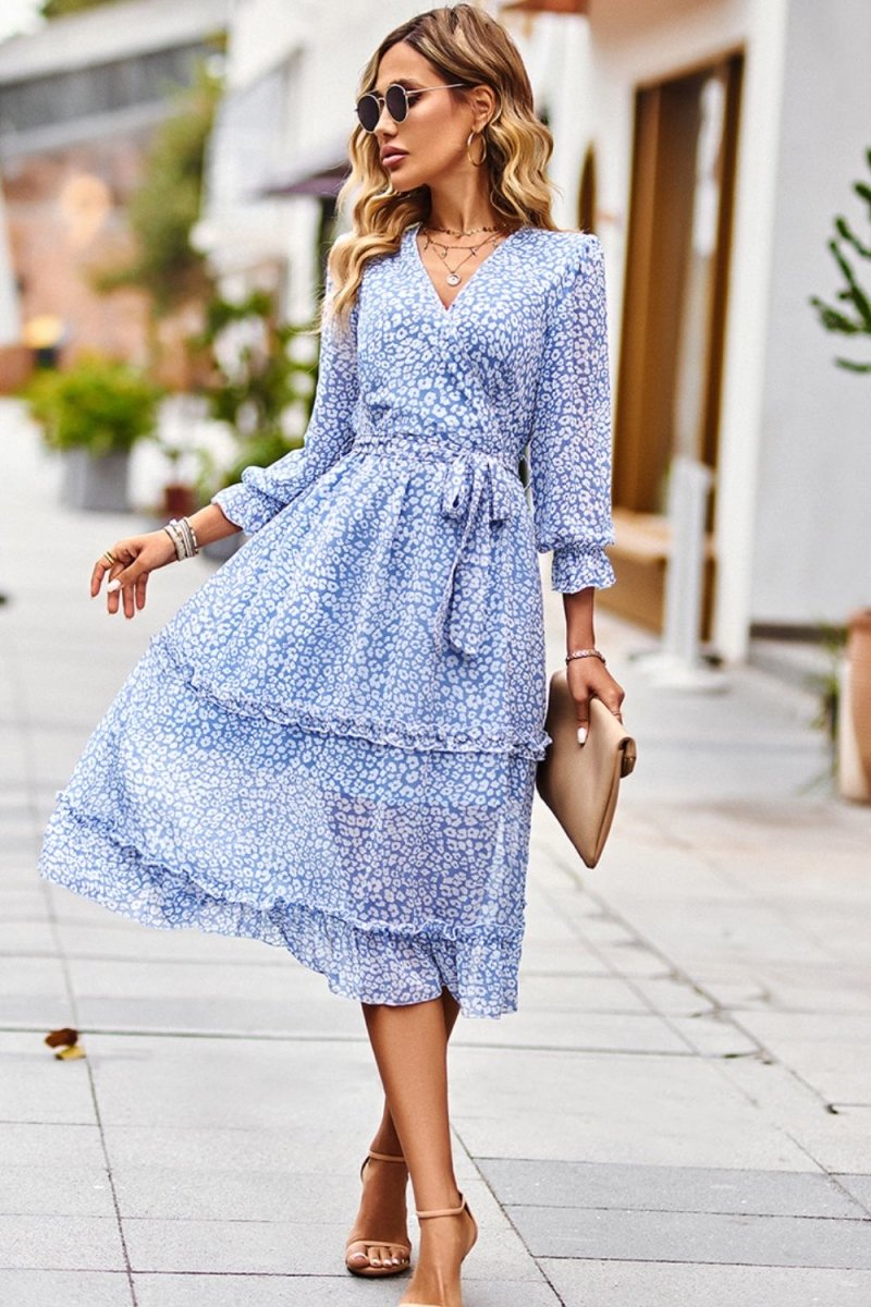 Leopard Surplice Tie Belt Slit Dress - TapLike