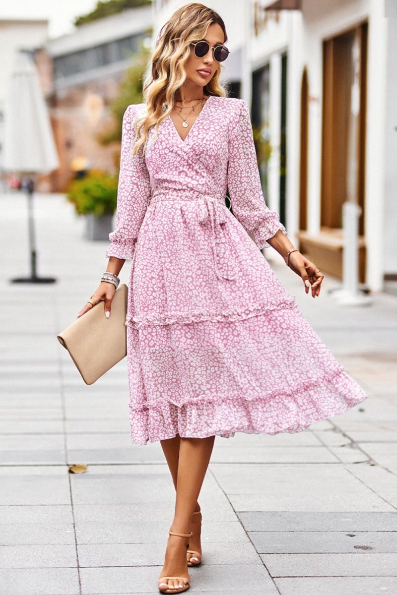 Leopard Surplice Tie Belt Slit Dress - TapLike