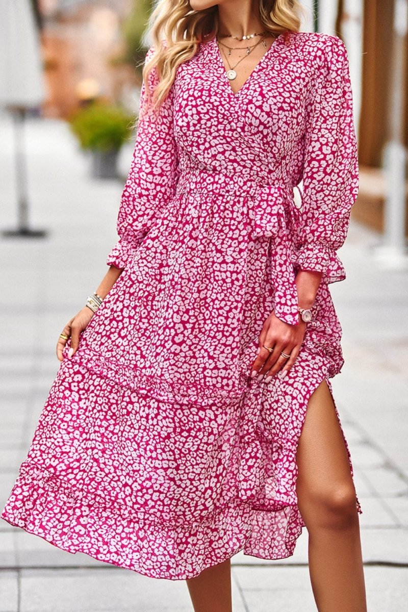 Leopard Surplice Tie Belt Slit Dress - TapLike