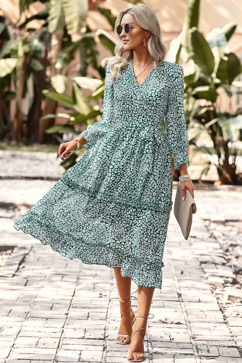 Leopard Surplice Tie Belt Slit Dress - TapLike