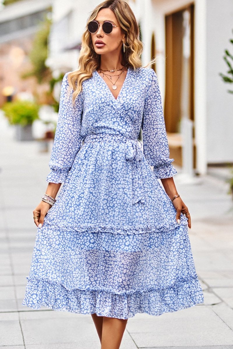 Leopard Surplice Tie Belt Slit Dress - TapLike