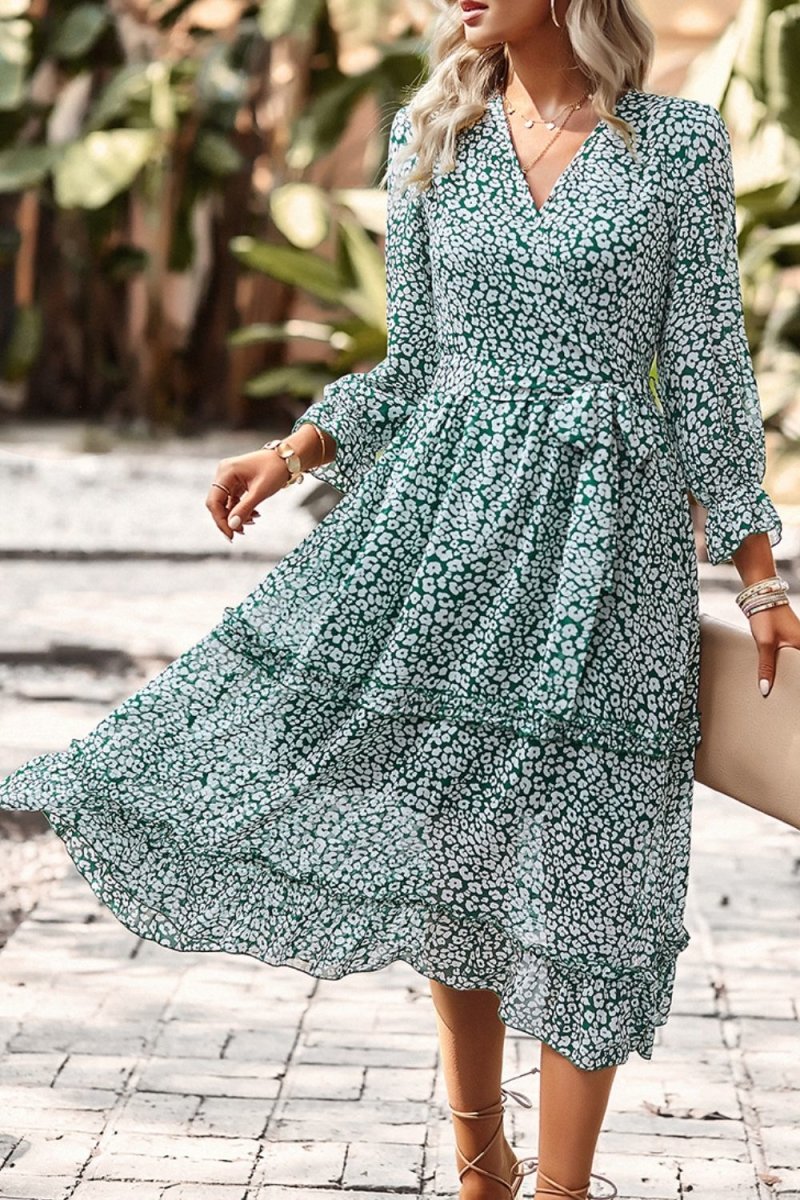 Leopard Surplice Tie Belt Slit Dress - TapLike