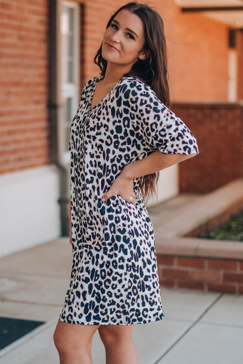 Leopard V-Neck Short Sleeve Mini Dress with Pockets - TapLike