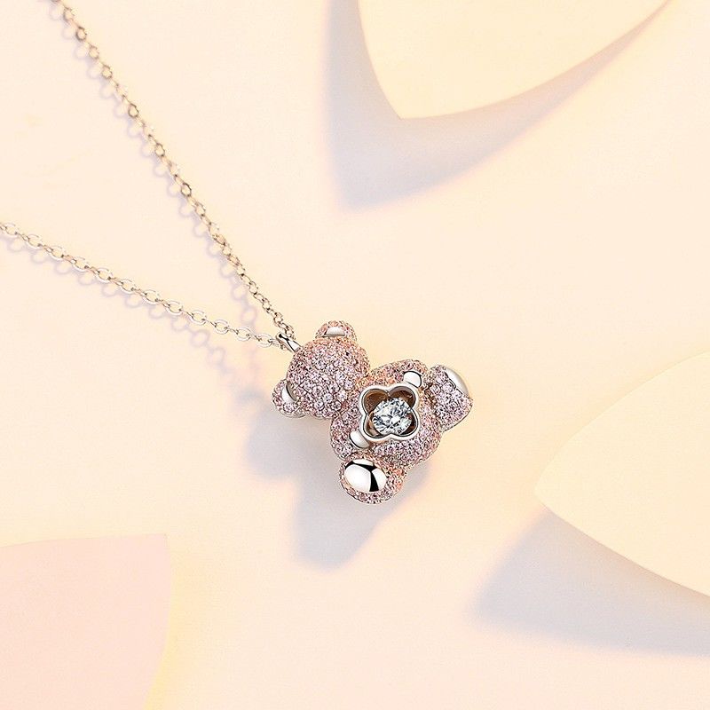 Lk Bear Necklace - S925 Silver with Pink Zircon, Four-leaf Clover Design | A2254-C - TapLike