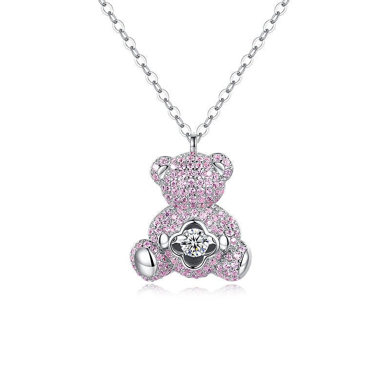 Lk Bear Necklace - S925 Silver with Pink Zircon, Four-leaf Clover Design | A2254-C - TapLike