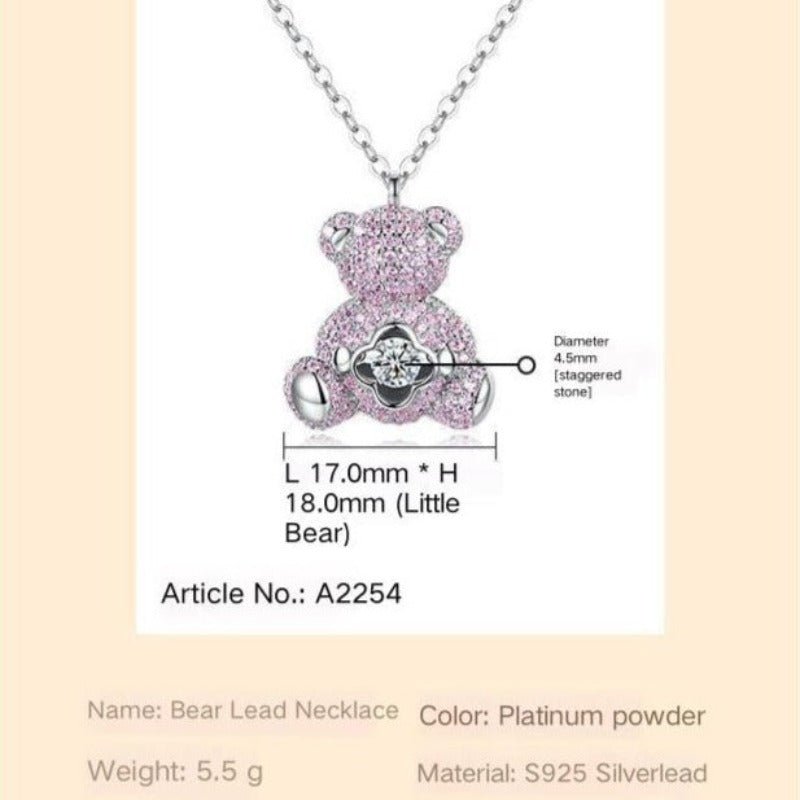 Lk Bear Necklace - S925 Silver with Pink Zircon, Four-leaf Clover Design | A2254-C - TapLike