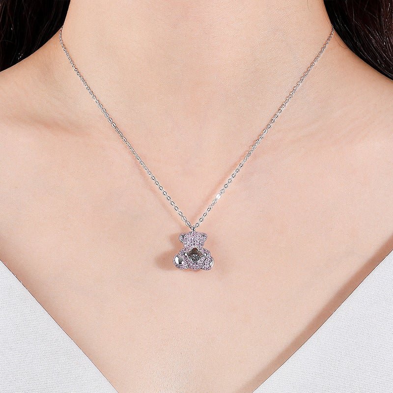 Lk Bear Necklace - S925 Silver with Pink Zircon, Four-leaf Clover Design | A2254-C - TapLike