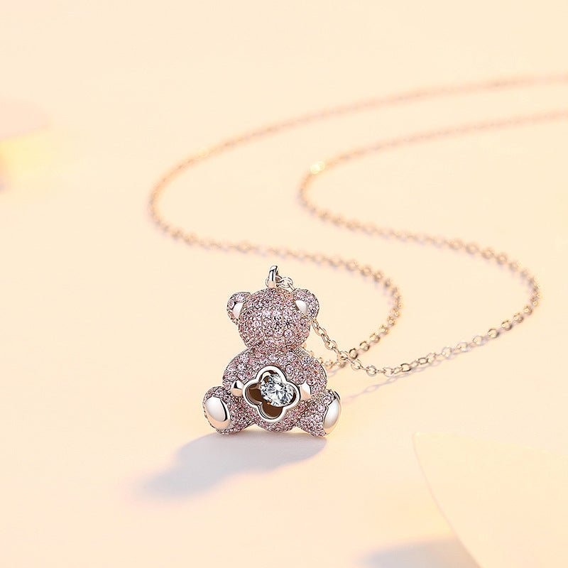 Lk Bear Necklace - S925 Silver with Pink Zircon, Four-leaf Clover Design | A2254-C - TapLike
