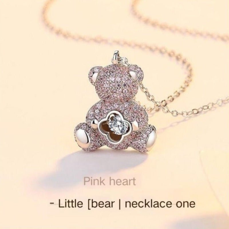 Lk Bear Necklace - S925 Silver with Pink Zircon, Four-leaf Clover Design | A2254-C - TapLike