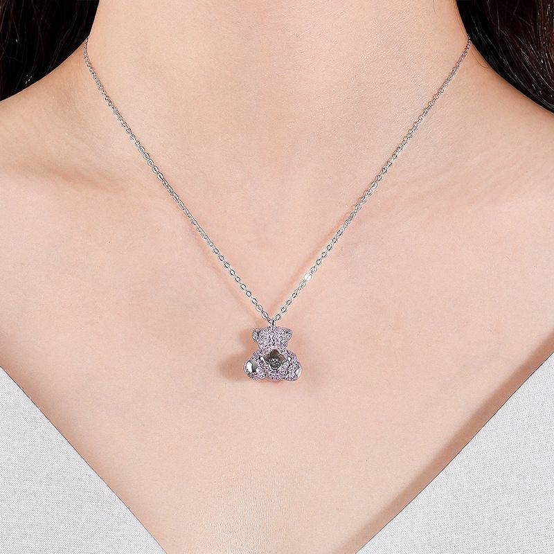 Lk Bear Necklace - S925 Silver with Pink Zircon, Four-leaf Clover Design | A2254-C - TapLike