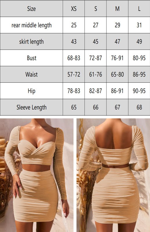 Long-sleeved Sexy Low-cut Pleated Hip Skirt Two-piece Suit FSZW03751 - TapLike