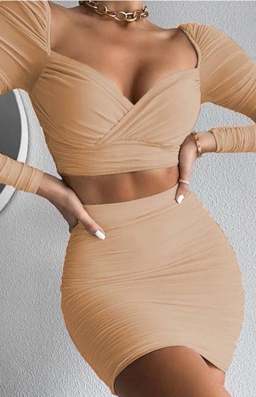 Long-sleeved Sexy Low-cut Pleated Hip Skirt Two-piece Suit FSZW03751 - TapLike