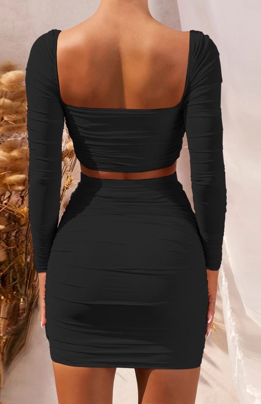 Long-sleeved Sexy Low-cut Pleated Hip Skirt Two-piece Suit FSZW03751 - TapLike