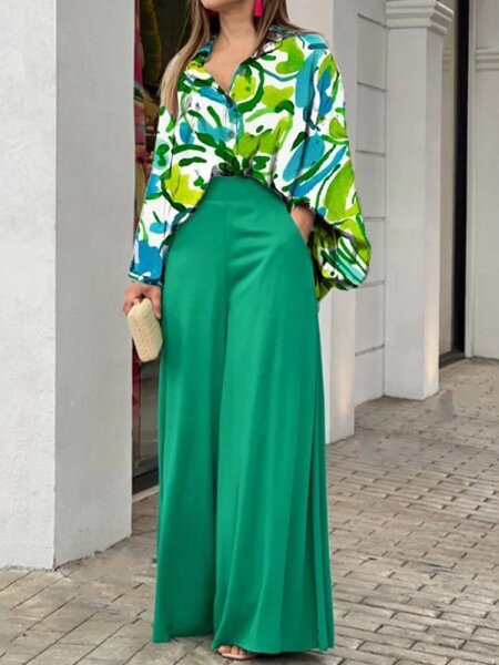 Loose Lantern Sleeve Lapel Shirt Wide Leg Pants Two-Piece Set HFLH4CPN3B - TapLike