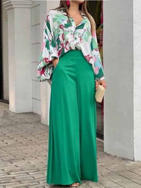 Loose Lantern Sleeve Lapel Shirt Wide Leg Pants Two-Piece Set HFLH4CPN3B - TapLike