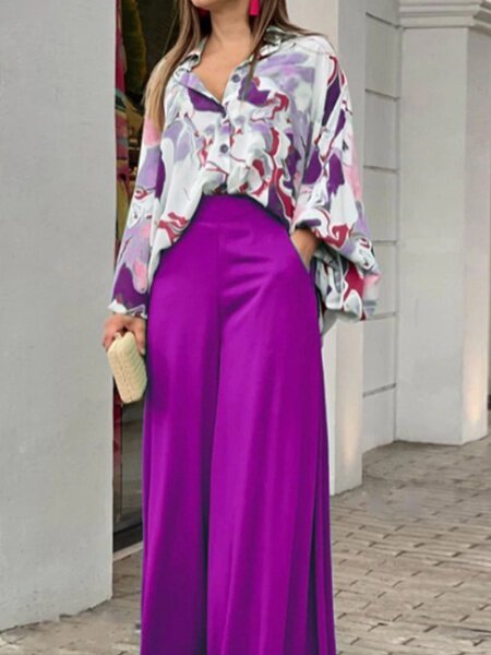 Loose Lantern Sleeve Lapel Shirt Wide Leg Pants Two-Piece Set HFLH4CPN3B - TapLike