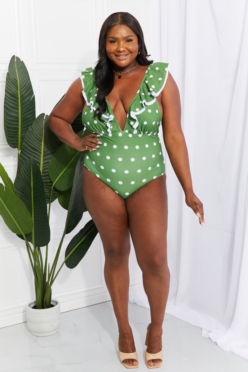 Marina West Swim Moonlit Dip Ruffle Plunge Swimsuit in Mid Green - Taplike