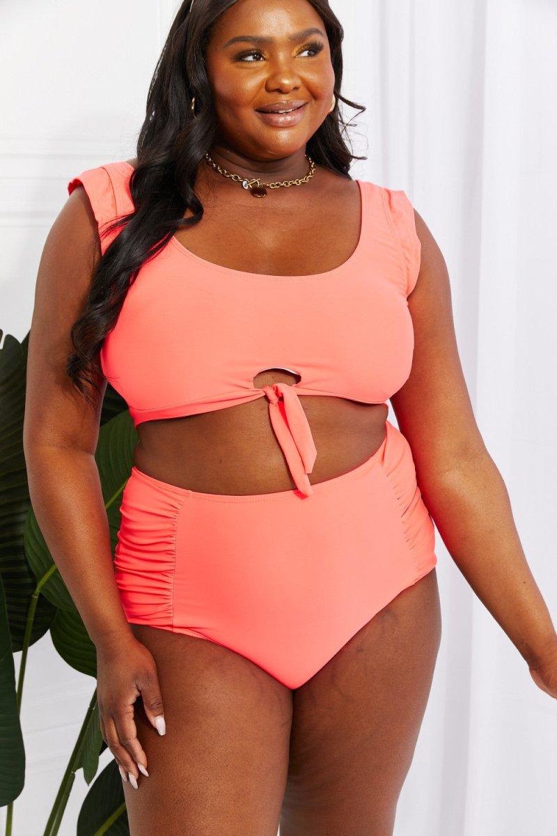 Marina West Swim Sanibel Crop Swim Top and Ruched Bottoms Set in Coral - Taplike