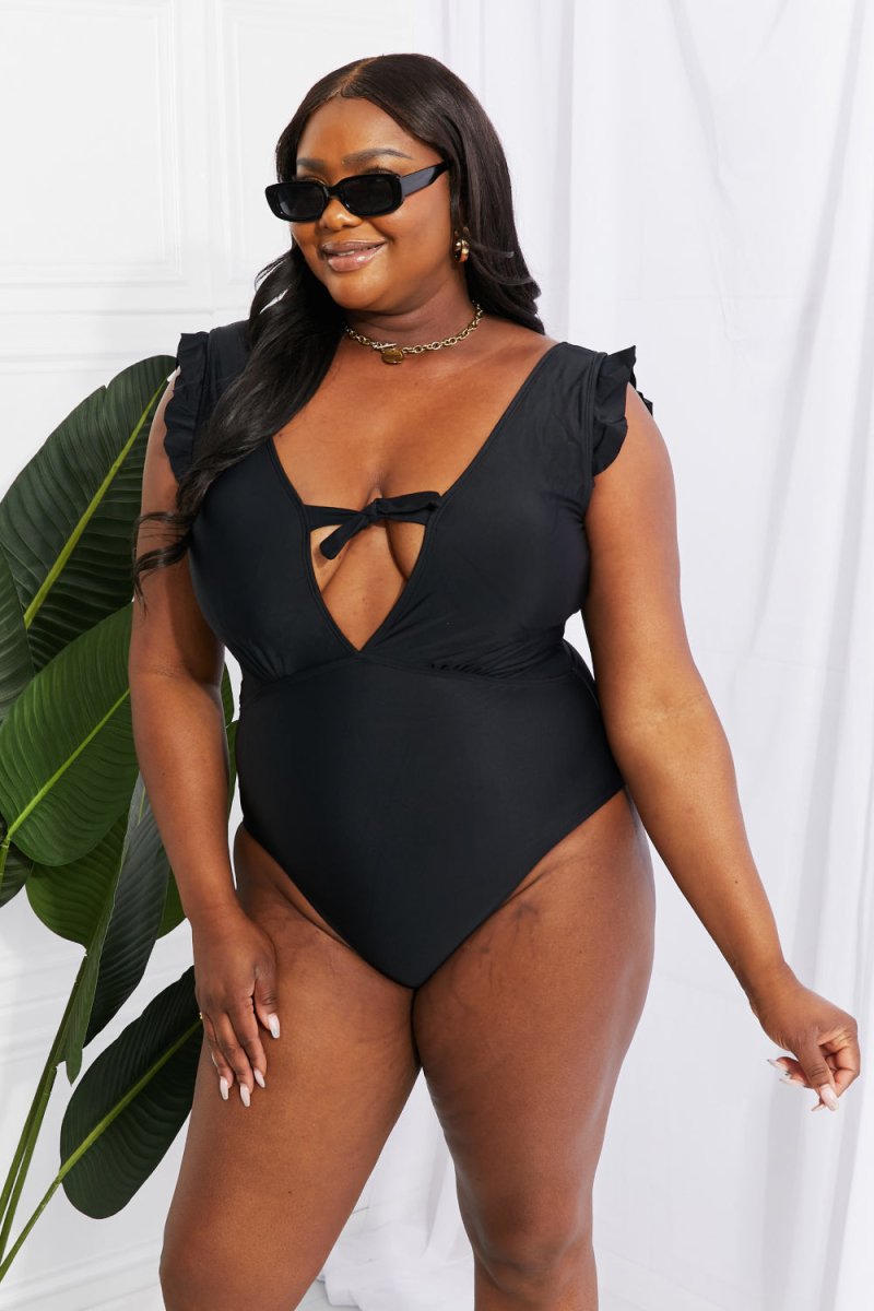 Marina West Swim Seashell Ruffle Sleeve One-Piece in Black - Taplike