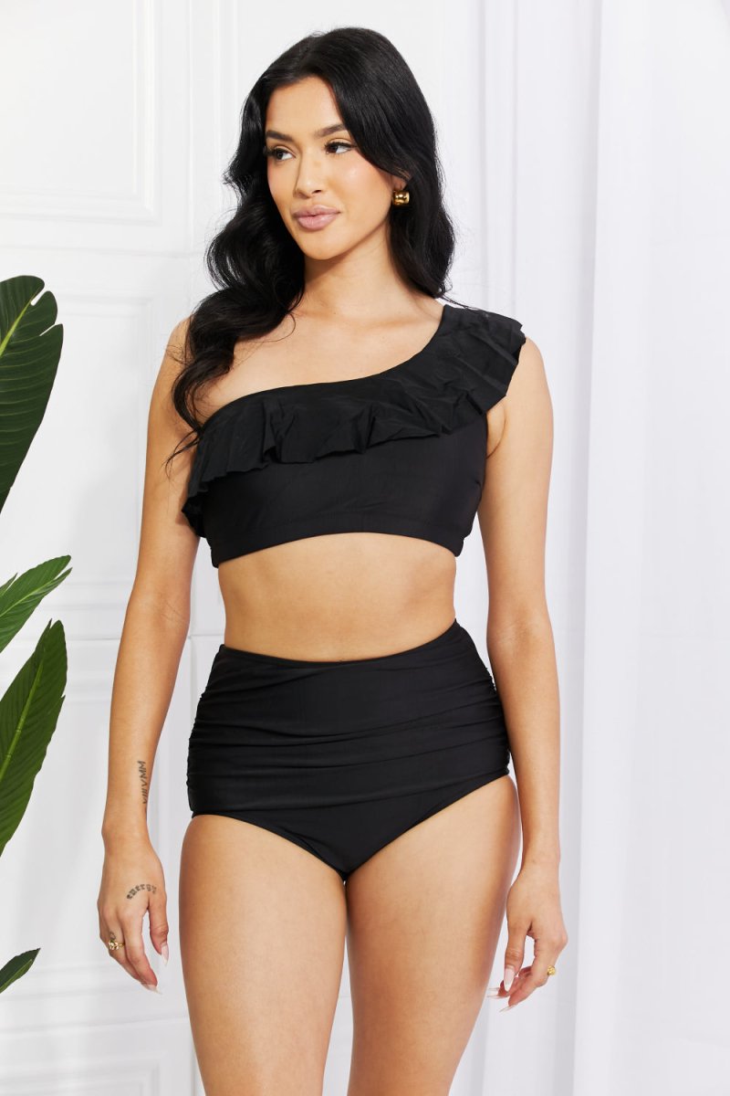 Marina West Swim Seaside Romance Ruffle One-Shoulder Bikini in Black - Taplike
