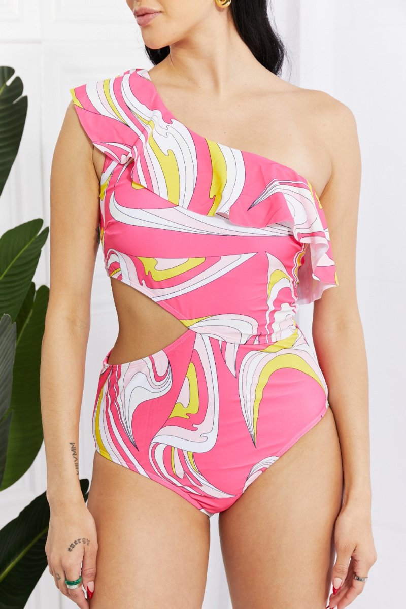 Marina West Swim Vitamin C Asymmetric Cutout Ruffle Swimsuit in Pink - Taplike