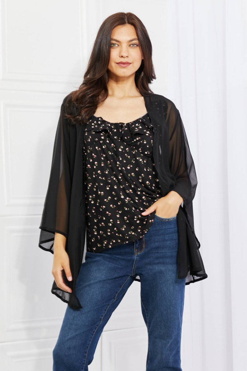 Melody Just Breathe Full Size Chiffon Kimono in Black - Taplike