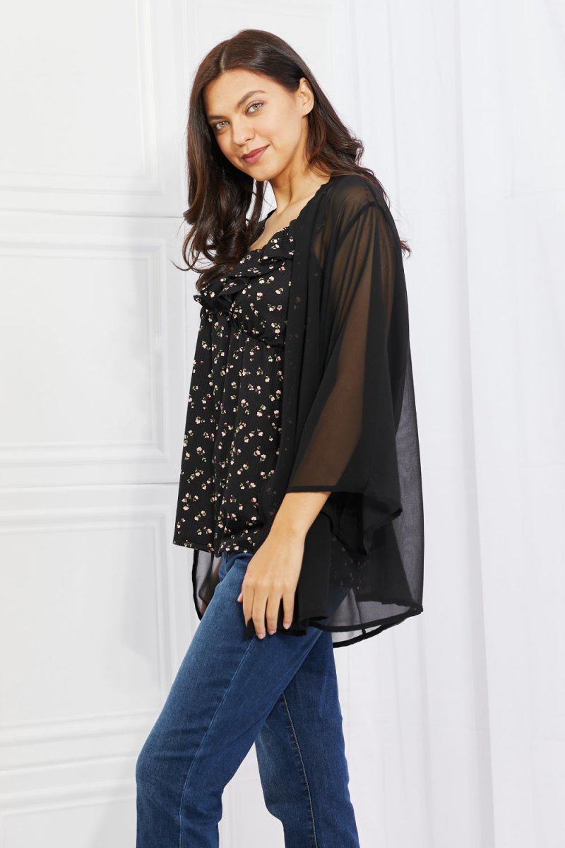 Melody Just Breathe Full Size Chiffon Kimono in Black - Taplike