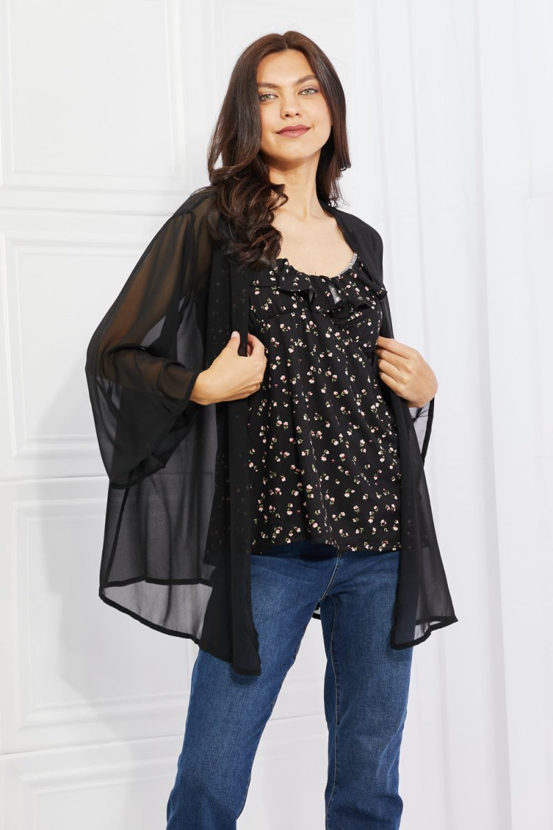 Melody Just Breathe Full Size Chiffon Kimono in Black - Taplike