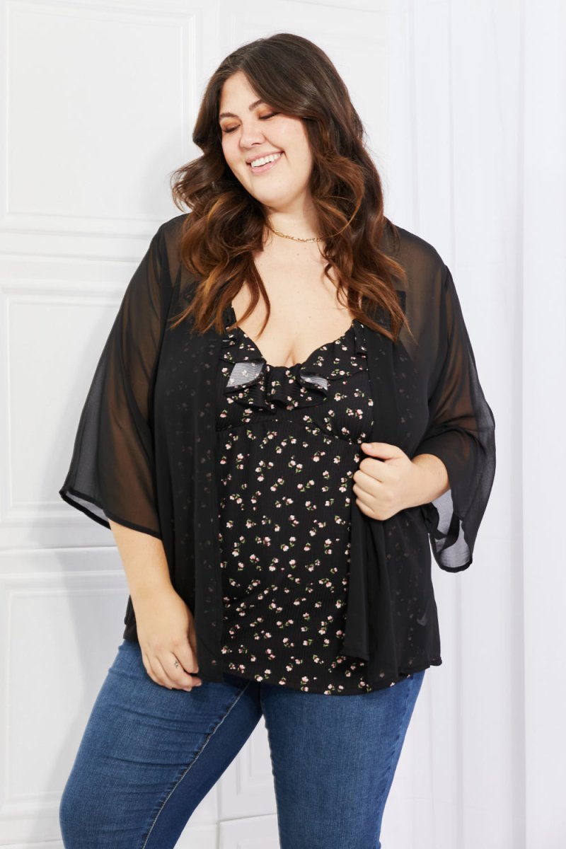 Melody Just Breathe Full Size Chiffon Kimono in Black - Taplike