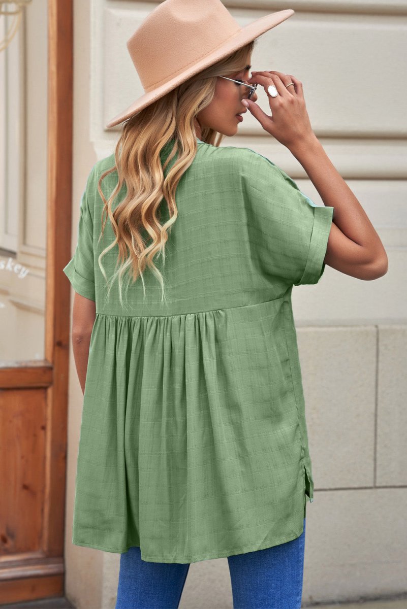 Notched Side Slit Cuffed Blouse - TapLike