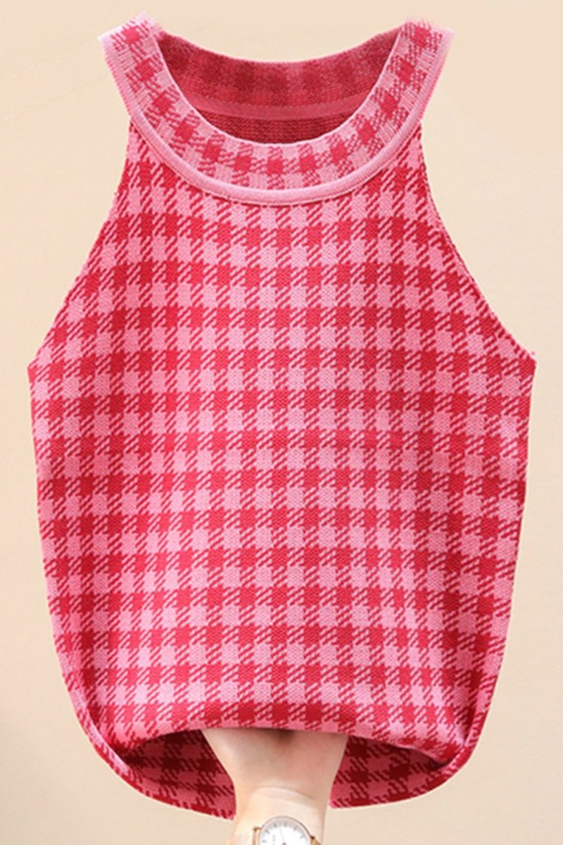 Plaid Round Neck Sleeveless Knit Top X - Taplike