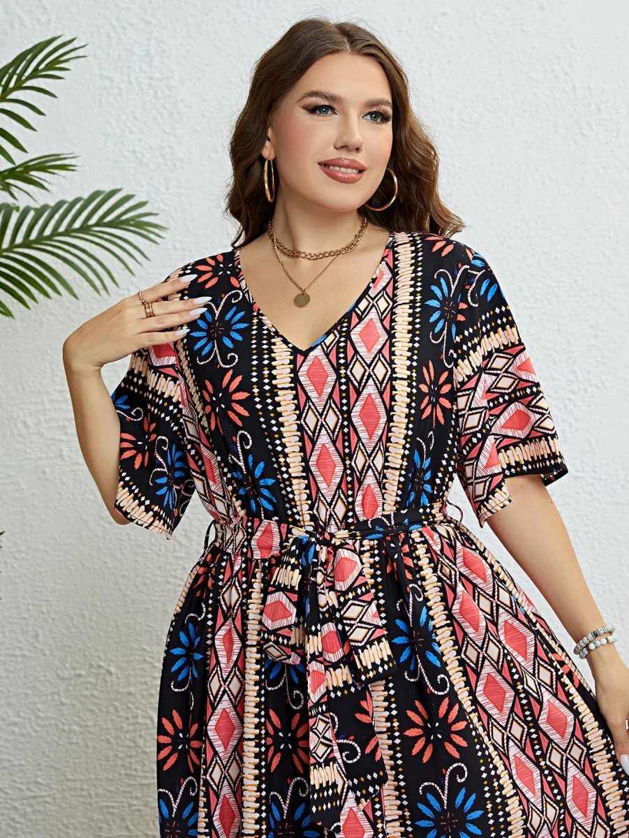 Plus Size Bohemian V-Neck Tie Belt Midi Dress CFG - Taplike