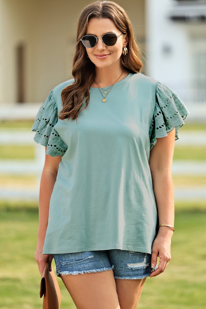 Plus Size Butterfly Sleeve Round Neck Top - Taplike