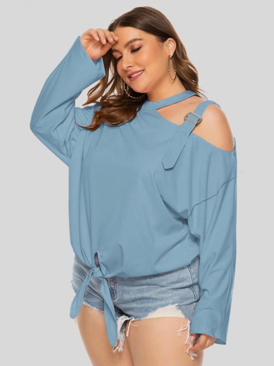 Plus Size Cold-Shoulder Tied Top - Taplike
