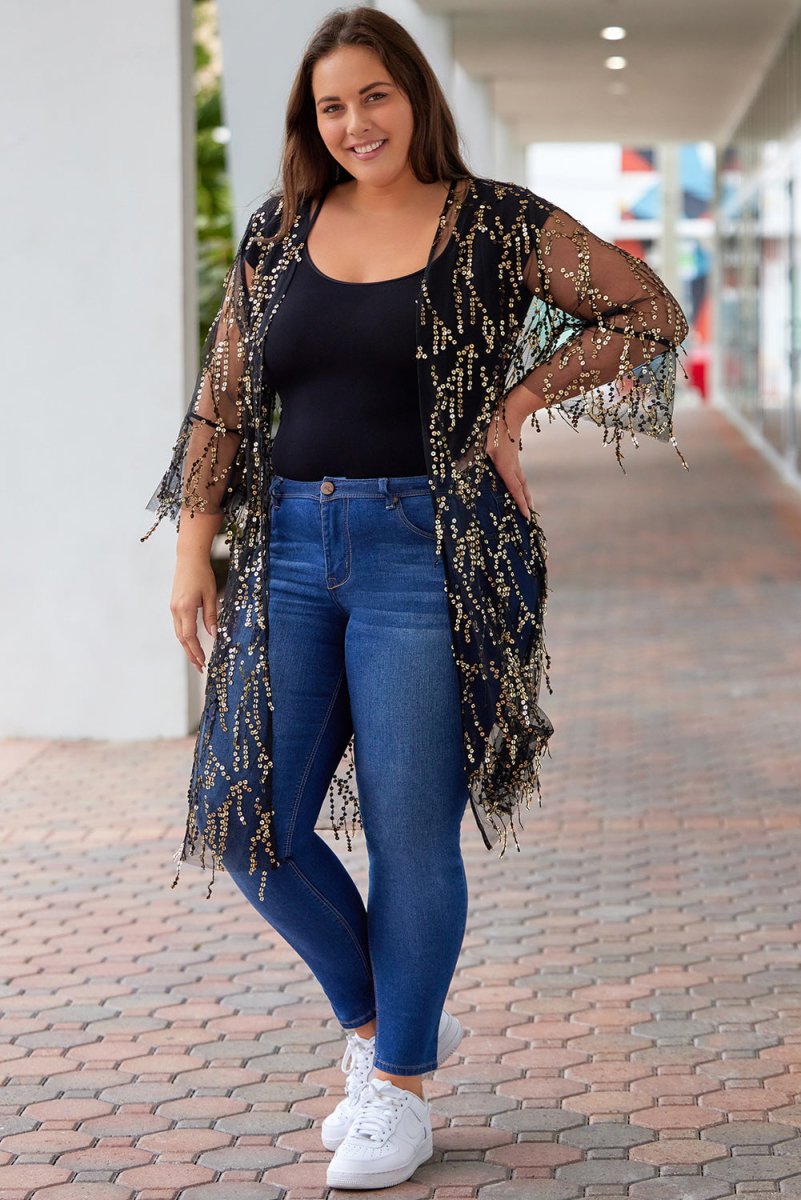Plus Size Contrast Sequin Sheer Mesh Cardigan - Taplike