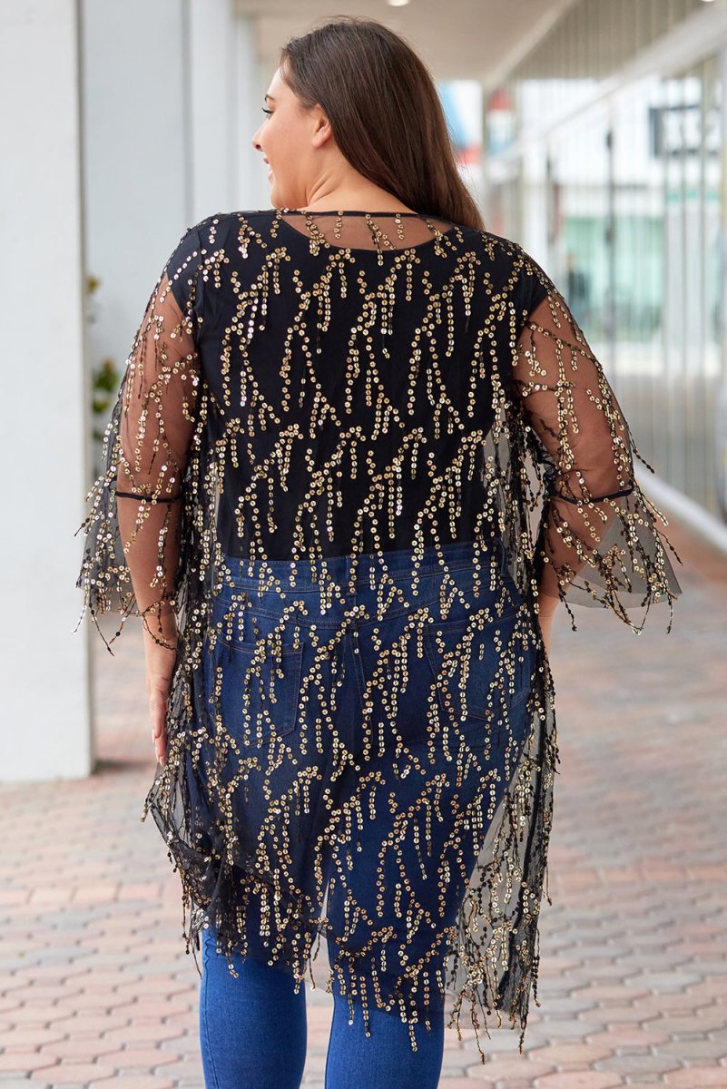 Plus Size Contrast Sequin Sheer Mesh Cardigan - Taplike