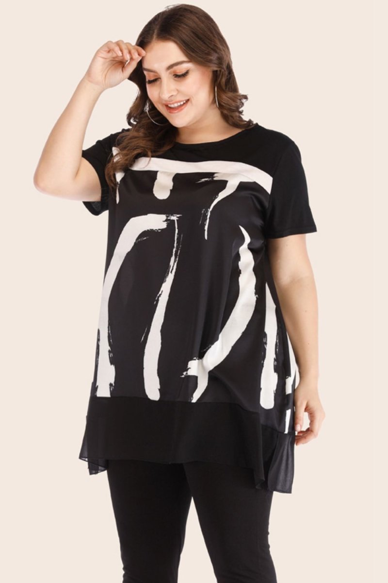 Plus Size Contrast Spliced Mesh T-Shirt and Cropped Leggings Set - TapLike