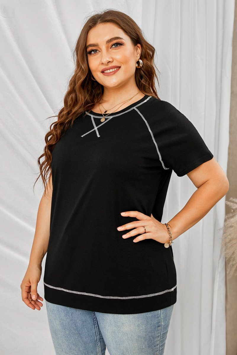 Plus Size Contrast Stitching Crewneck Tee - TapLike