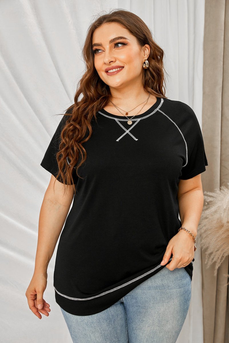 Plus Size Contrast Stitching Crewneck Tee - TapLike